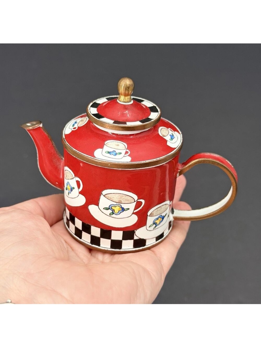 KELVIN CHEN 1999 Enamel Teacup Hand Painted Decorative Mini Teapot No. 1813